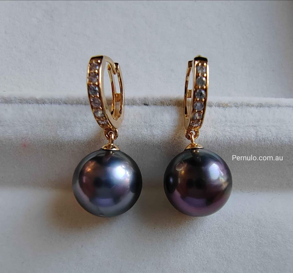 10.6mm Genuine tahitian south sea pearls classic earrings 18k gold