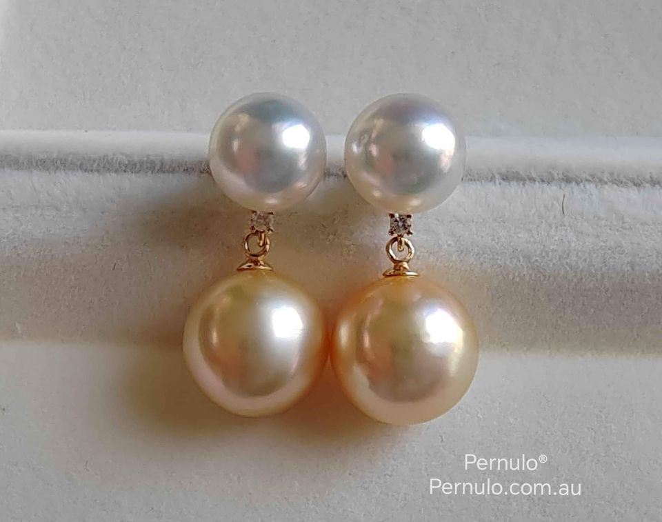 'Double Beauté' 18k gold diamond earrings genuine south sea pearls 8.7-11mm