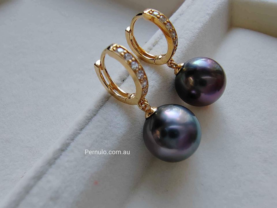 10.6mm Genuine tahitian south sea pearls classic earrings 18k gold