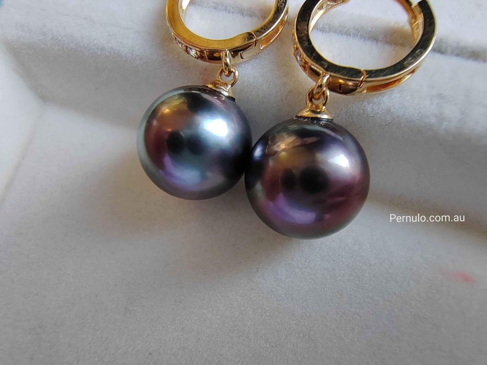 10.6mm Genuine tahitian south sea pearls classic earrings 18k gold