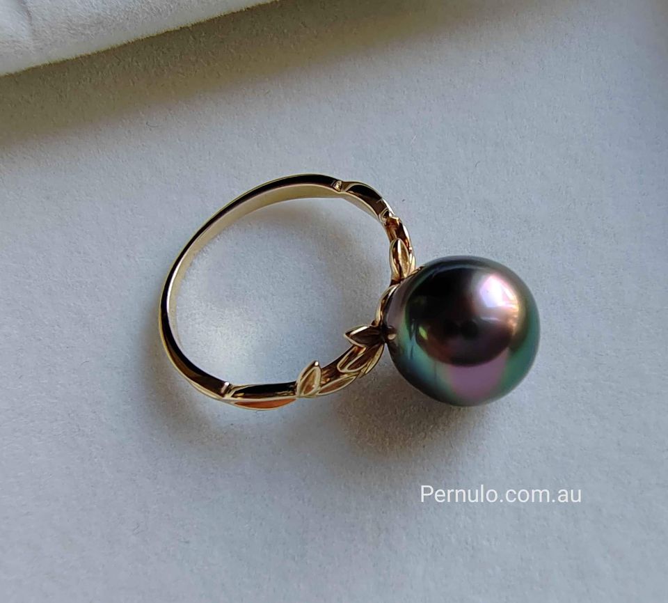 'Rosée' ring 14k gold genuine tahitian south sea pearl 10.5mm size P