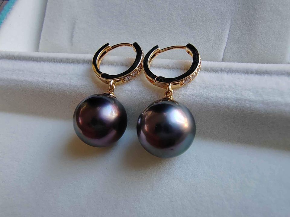 10.6mm Genuine tahitian south sea pearls classic earrings 18k gold