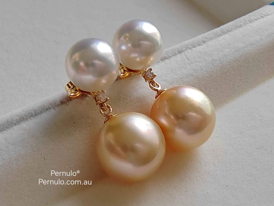 'Double Beauté' 18k gold diamond earrings genuine south sea pearls 8.7-11mm