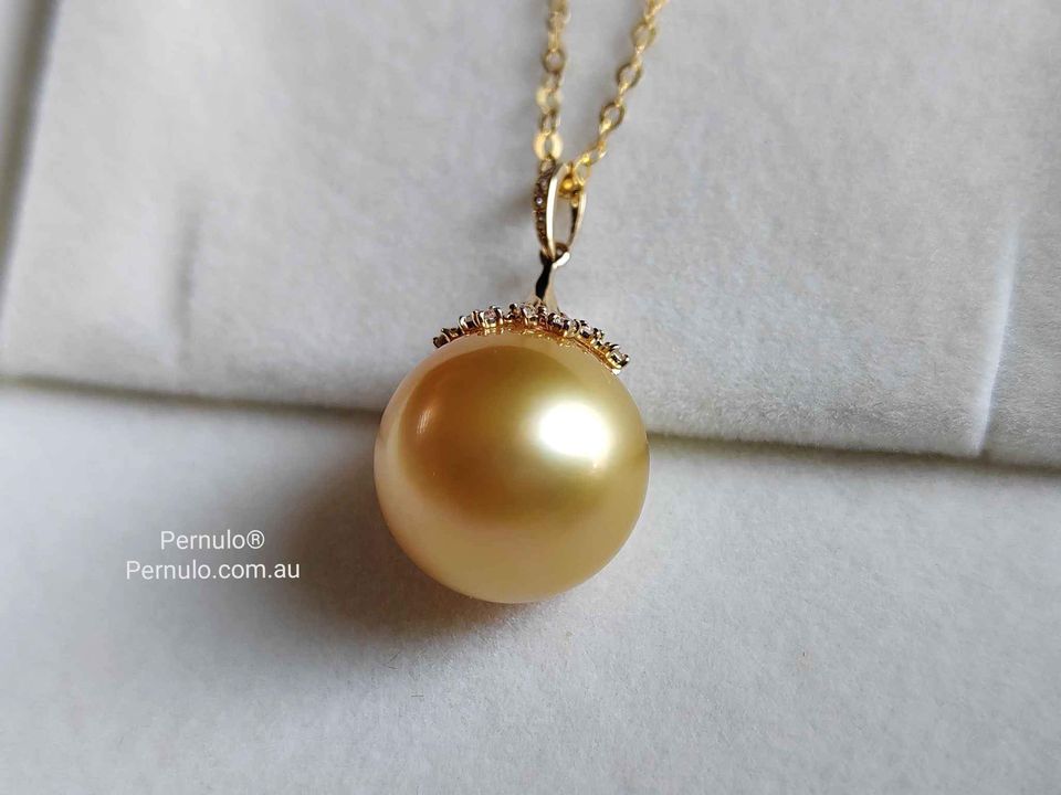 'Fireworks' 18k gold diamond pendant genuine golden south sea pearl 13mm AAA+