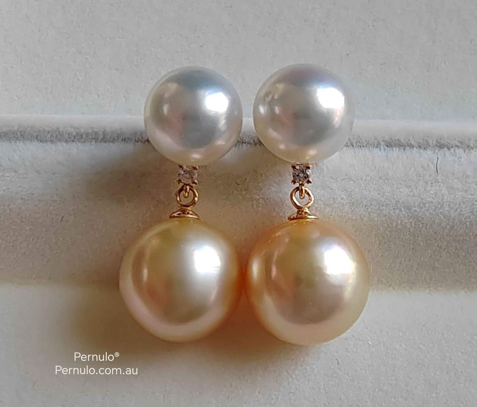 'Double Beauté' 18k gold diamond earrings genuine south sea pearls 8.7-11mm