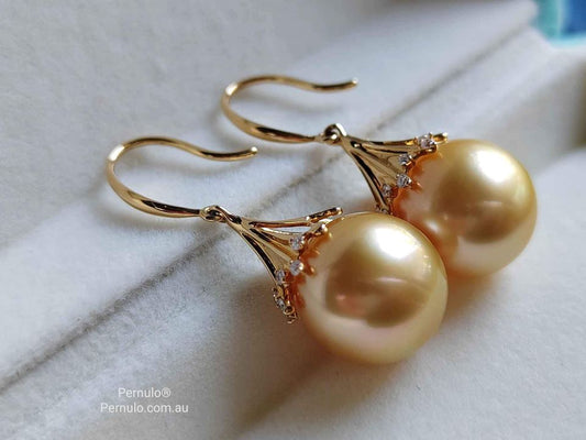 'Fireworks' 18k gold diamond earrings genuine golden south sea pearls 12.4mm AAAA