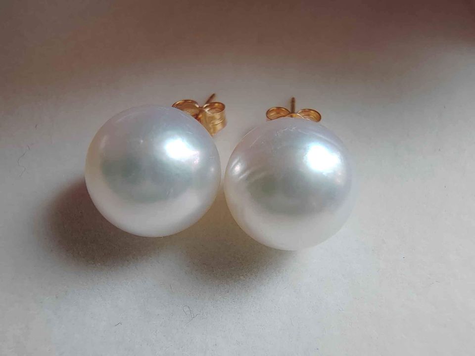 11. 2mm Genuine south sea white pearls classic 14k gold earrings studs