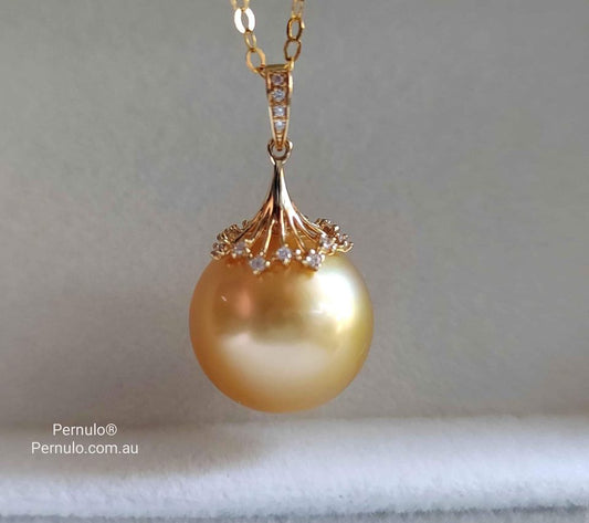 'Fireworks' 18k gold diamond pendant genuine golden south sea pearl 13mm AAA+