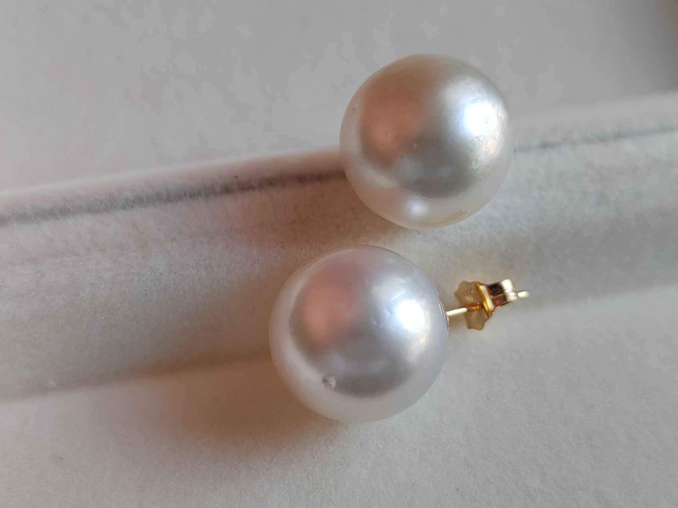 13.7mm Genuine south sea white pearls classic earrings studs 14k gold