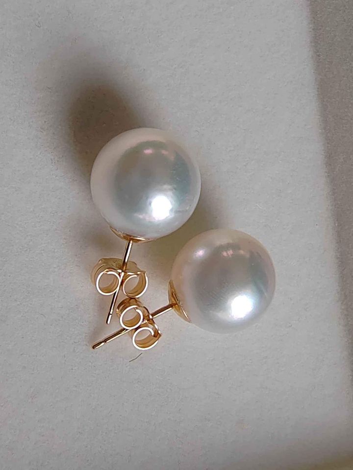 11. 2mm Genuine south sea white pearls classic 14k gold earrings studs