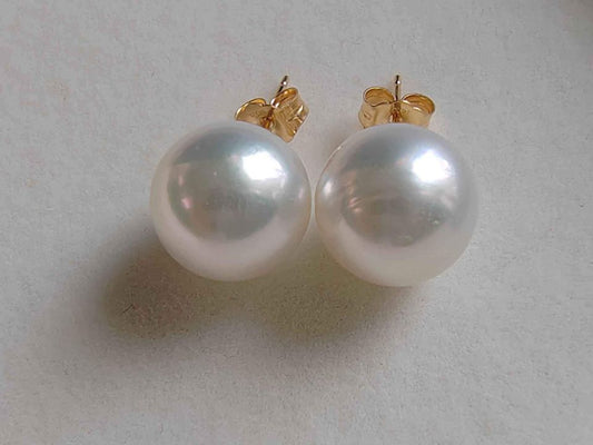 11. 2mm Genuine south sea white pearls classic 14k gold earrings studs