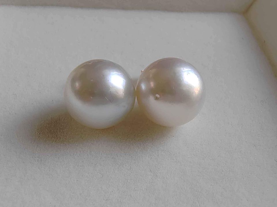 13.7mm Genuine south sea white pearls classic earrings studs 14k gold