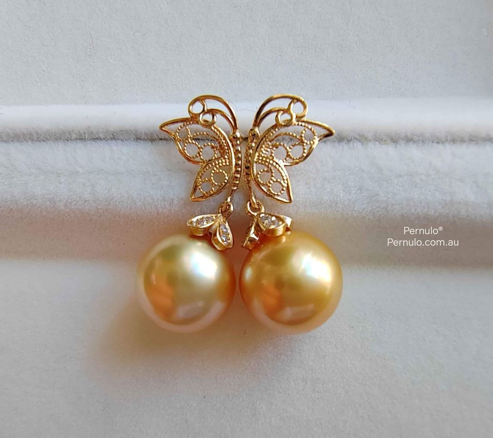 'Dream' 18k gold earrings genuine golden south sea pearls 10.1mm AAAA