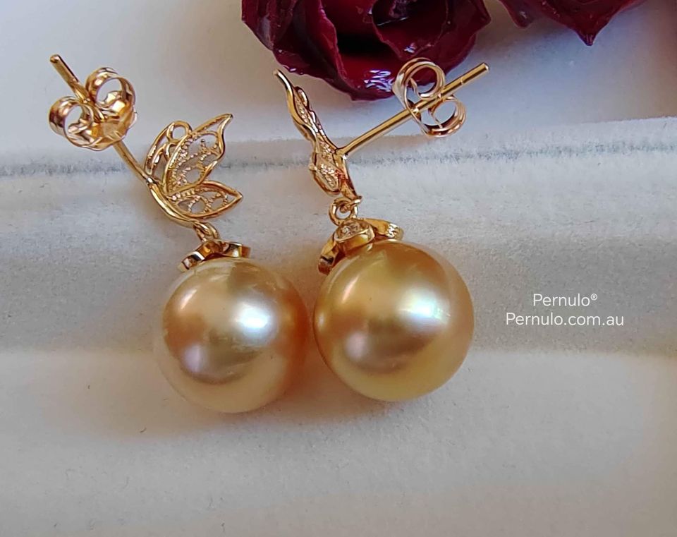 'Dream' 18k gold earrings genuine golden south sea pearls 10.1mm AAAA