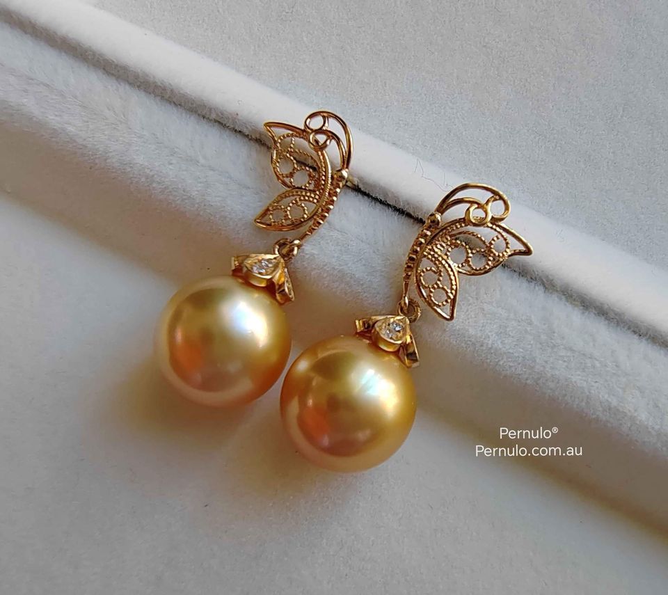 'Dream' 18k gold earrings genuine golden south sea pearls 10.1mm AAAA