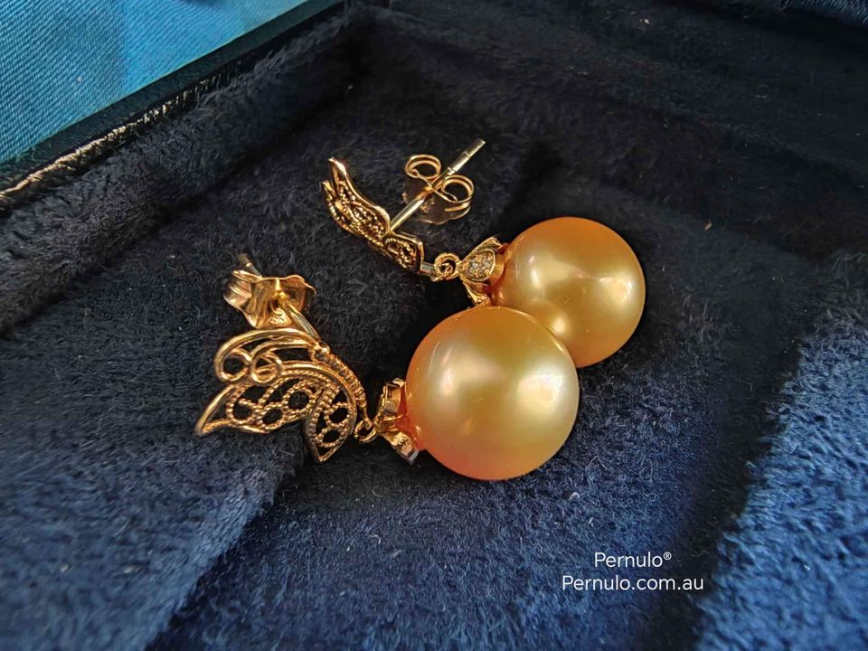 'Dream' 18k gold earrings genuine golden south sea pearls 10.1mm AAAA