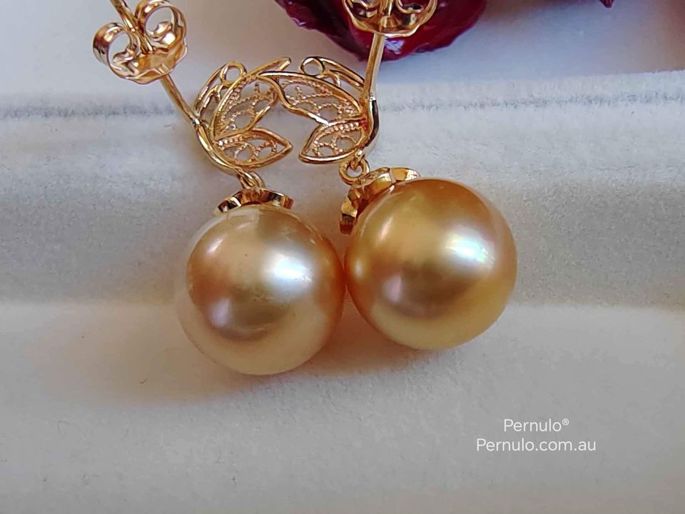 'Dream' 18k gold earrings genuine golden south sea pearls 10.1mm AAAA