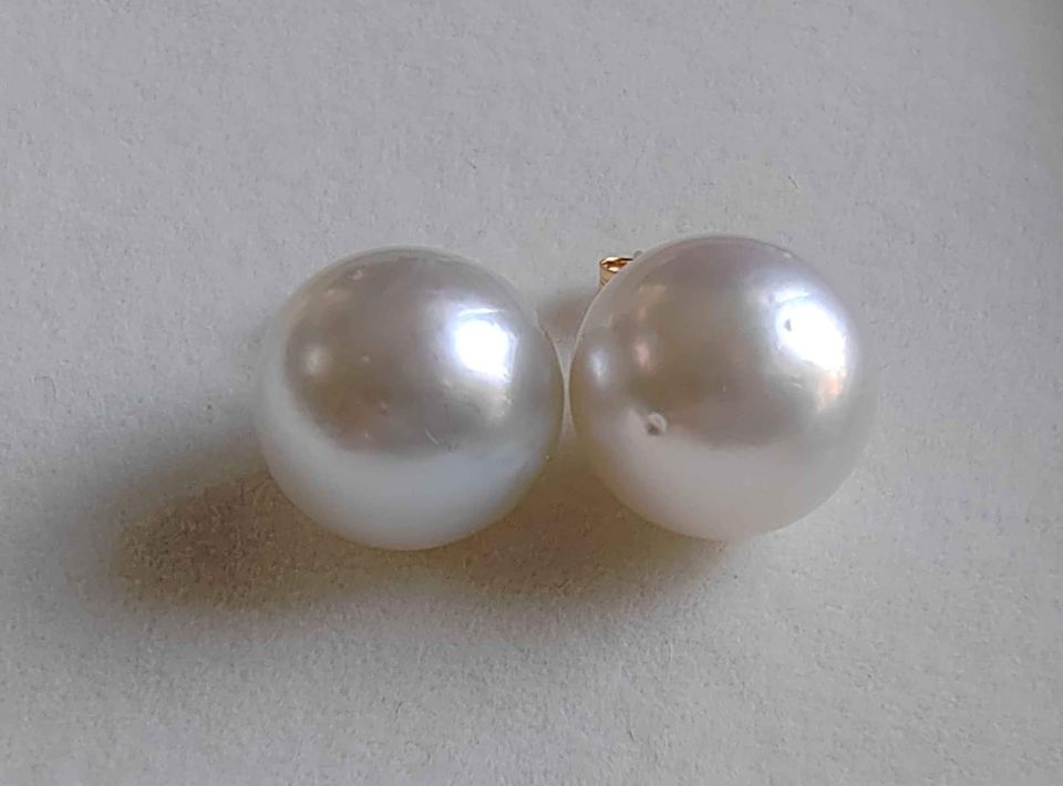 13.7mm Genuine south sea white pearls classic earrings studs 14k gold