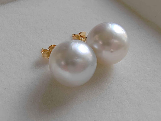 13.7mm Genuine south sea white pearls classic earrings studs 14k gold