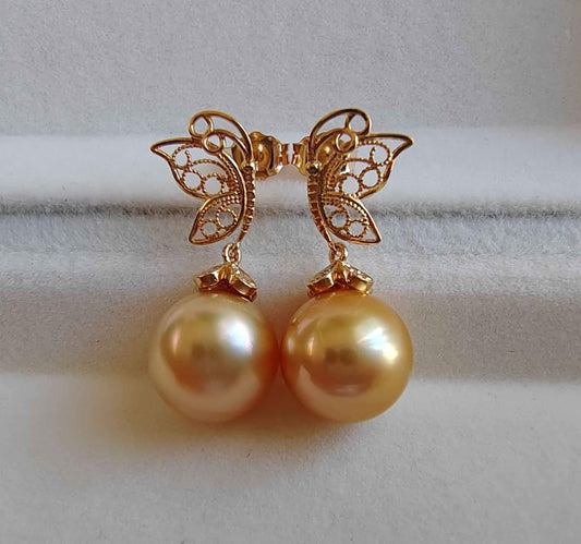 'Dream' 18k gold earrings genuine golden south sea pearls 10.1mm AAAA