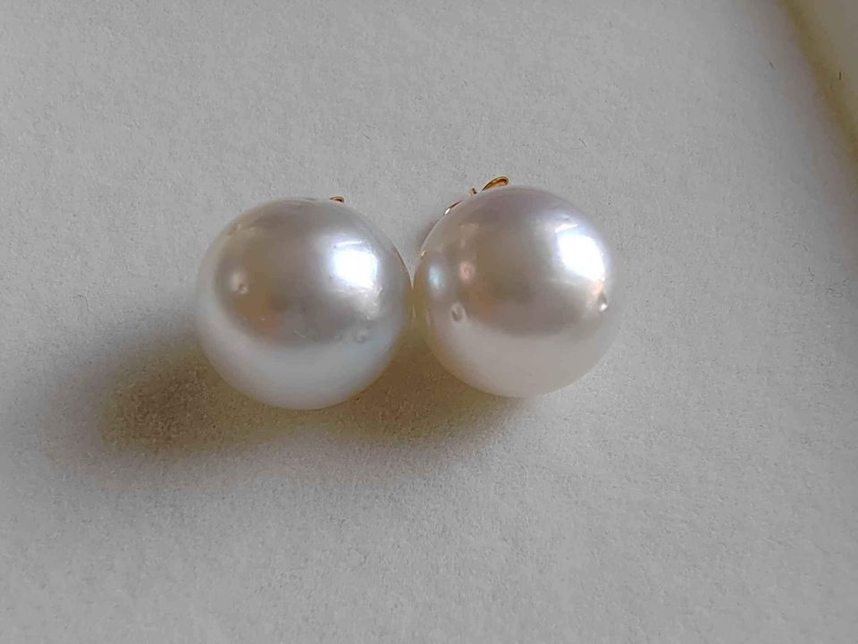 13.7mm Genuine south sea white pearls classic earrings studs 14k gold