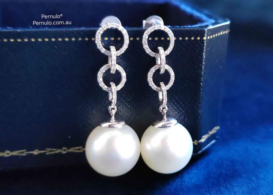 'La perfection' earrings 18k white gold diamonds genuine south sea white pearls 12.4mm AAA+