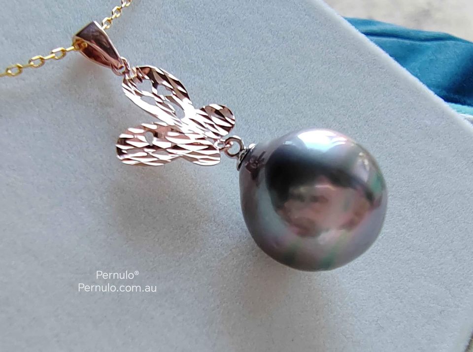 'Farfalla' Pendant genuine tahitian south sea pearl 13mm rose gold