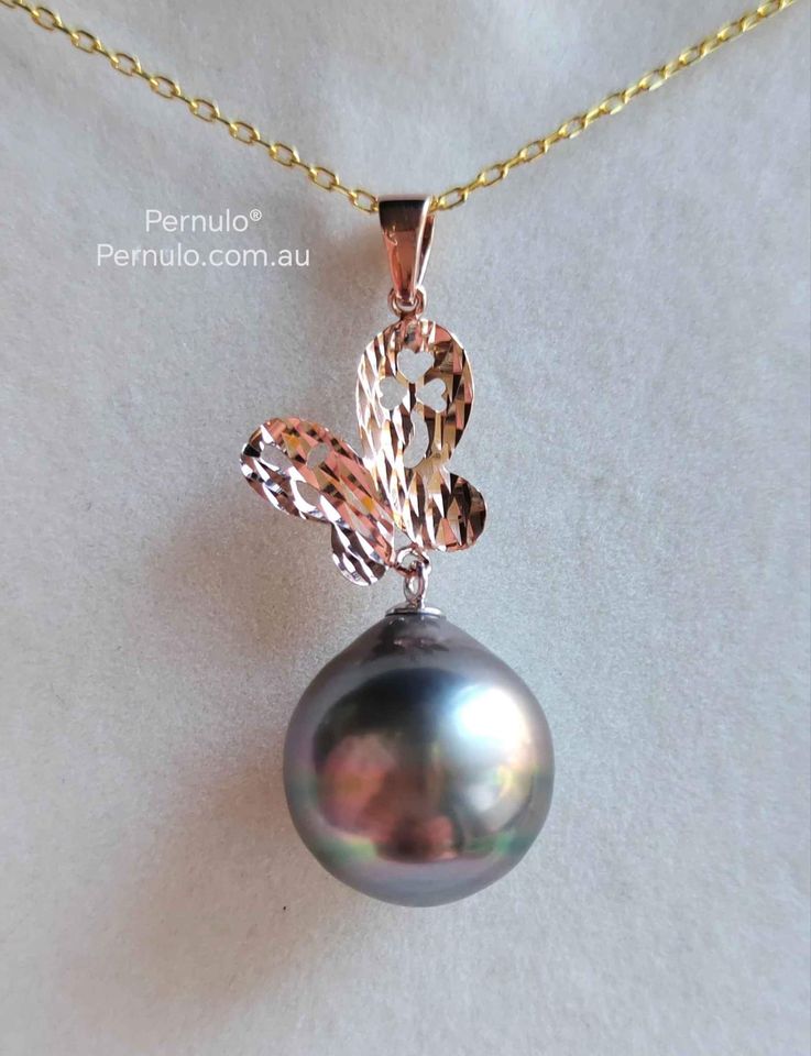 'Farfalla' Pendant genuine tahitian south sea pearl 13mm rose gold