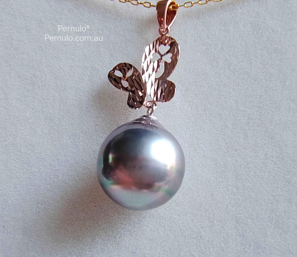 'Farfalla' Pendant genuine tahitian south sea pearl 13mm rose gold