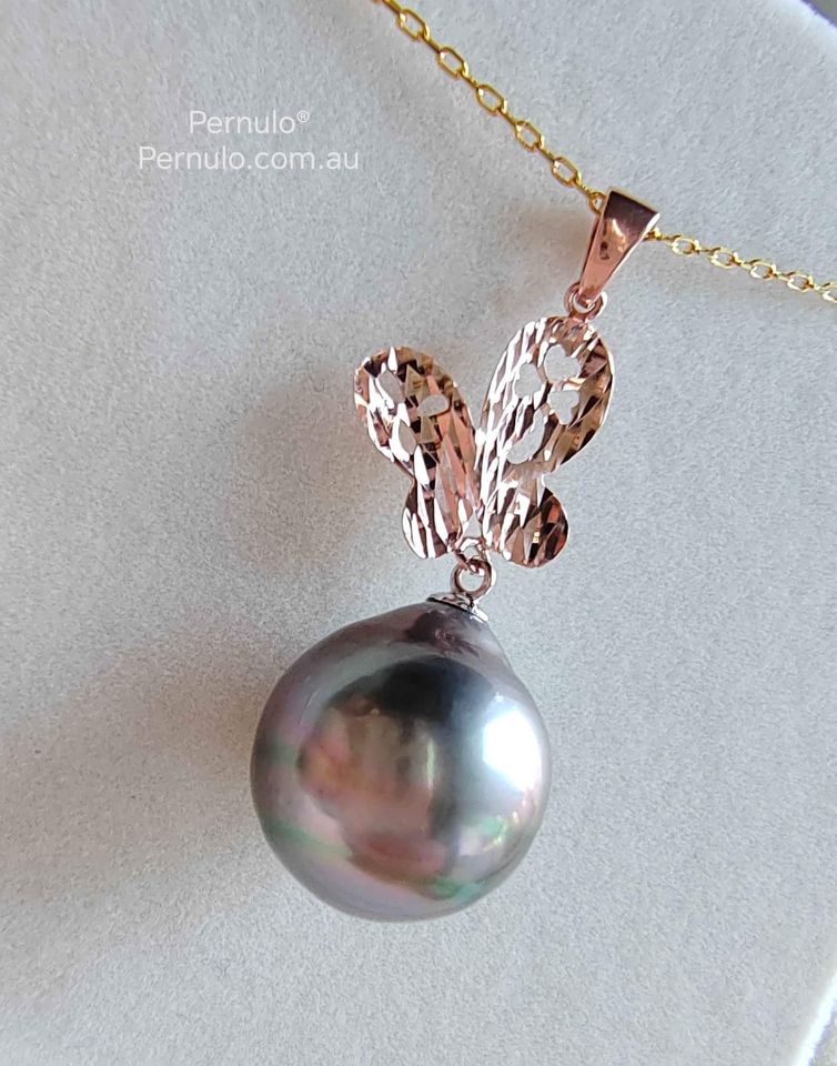 'Farfalla' Pendant genuine tahitian south sea pearl 13mm rose gold