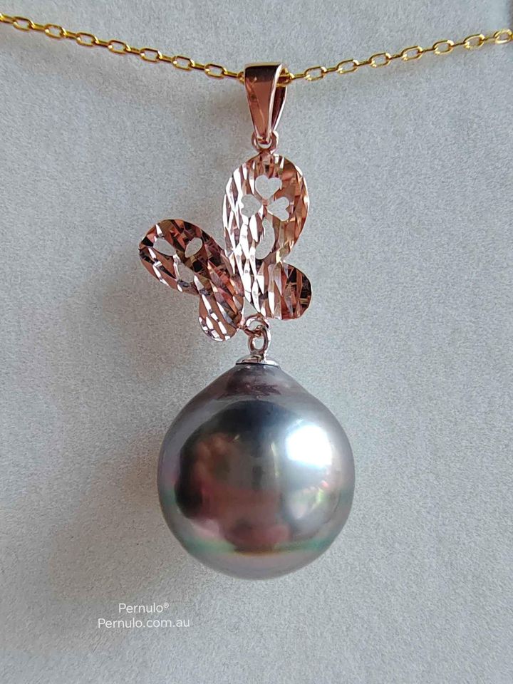 'Farfalla' Pendant genuine tahitian south sea pearl 13mm rose gold