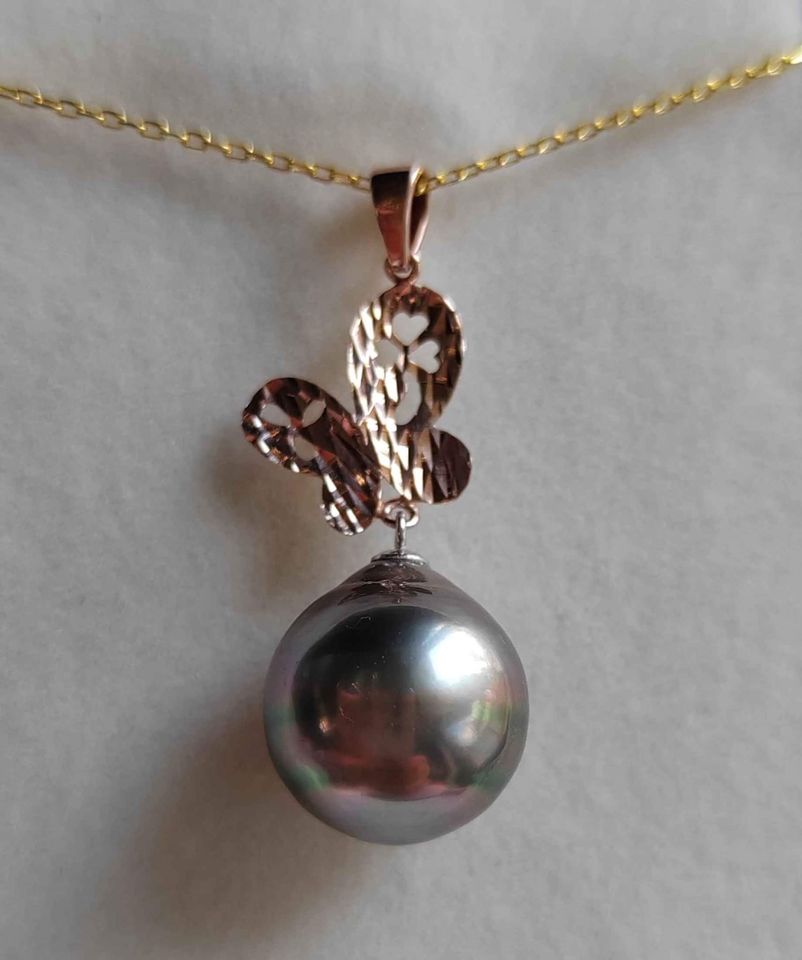 'Farfalla' Pendant genuine tahitian south sea pearl 13mm rose gold