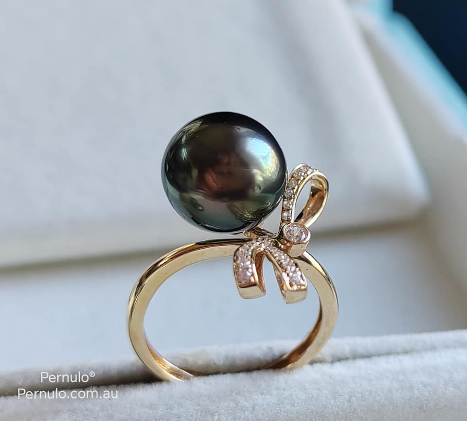 'Élégant' ring 14k gold genuine tahitian south sea pearls 11mm