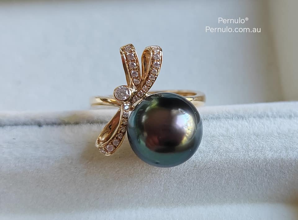 'Élégant' ring 14k gold genuine tahitian south sea pearls 11mm