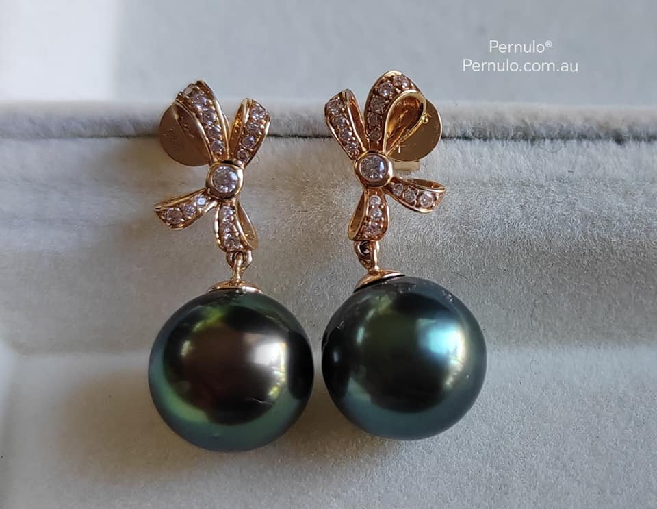 'Élégant' earrings 14k gold genuine tahitian south sea pearls 10mm