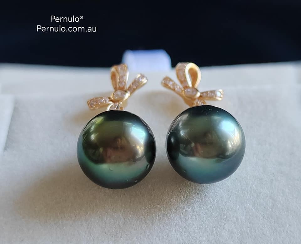 'Élégant' earrings 14k gold genuine tahitian south sea pearls 10mm