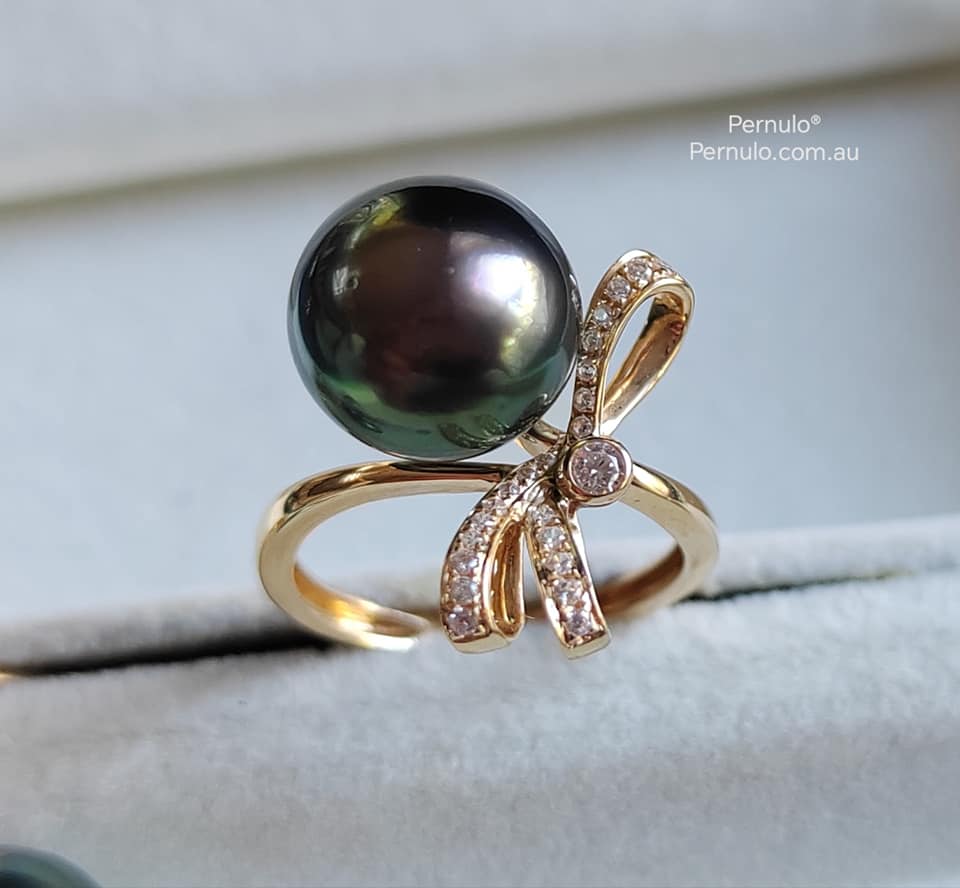 'Élégant' ring 14k gold genuine tahitian south sea pearls 11mm