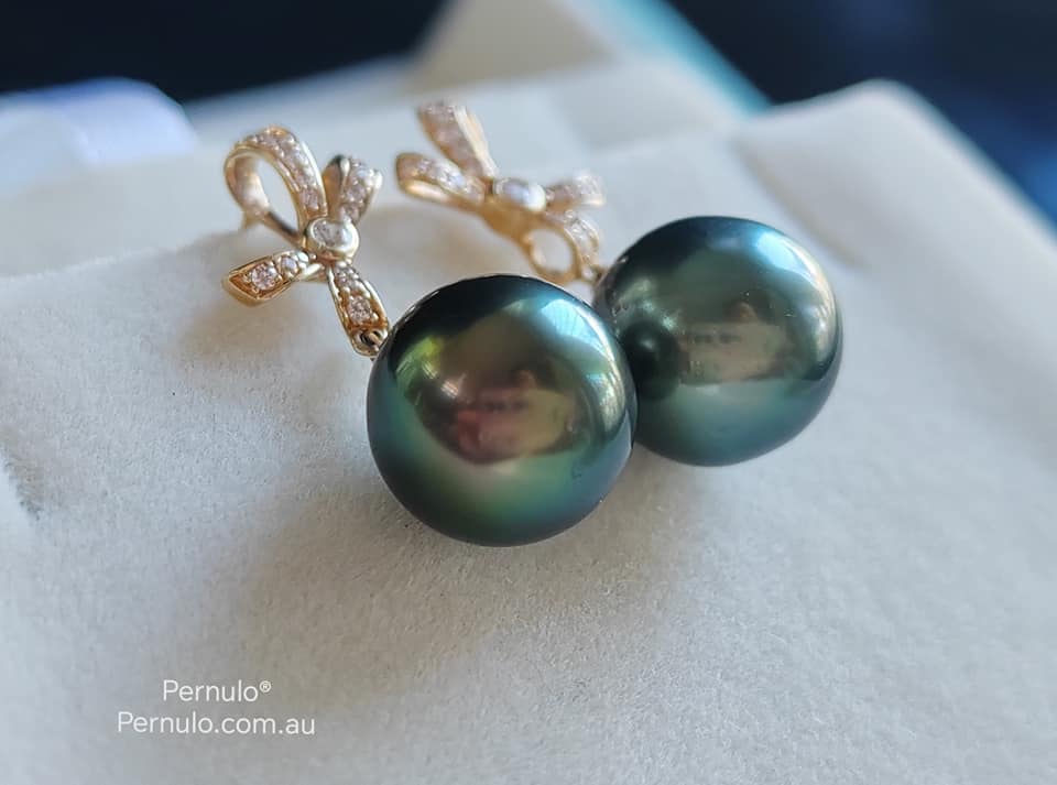 'Élégant' earrings 14k gold genuine tahitian south sea pearls 10mm