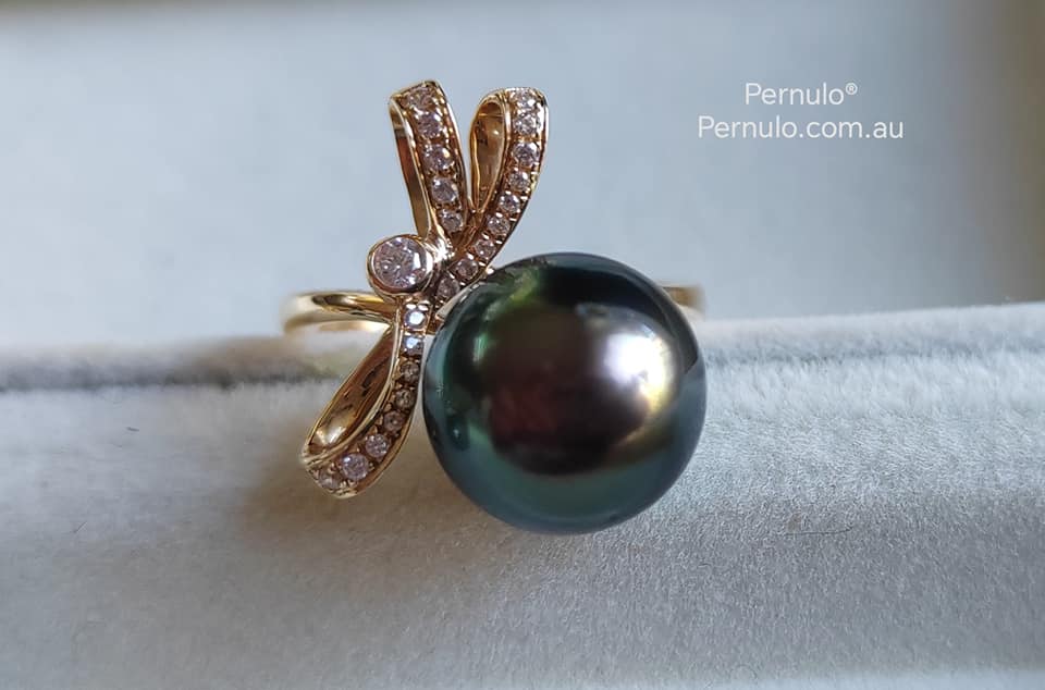 'Élégant' ring 14k gold genuine tahitian south sea pearls 11mm