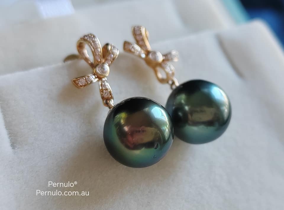 'Élégant' earrings 14k gold genuine tahitian south sea pearls 10mm