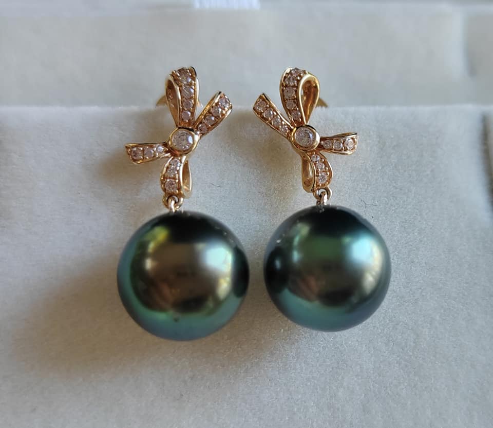 'Élégant' earrings 14k gold genuine tahitian south sea pearls 10mm