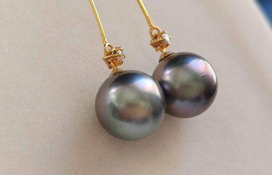 'The swamphen' 9k gold earrings genuine tahitian south sea round pearls 10.3mm