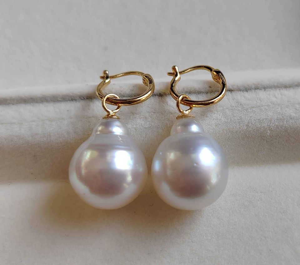 12.6mm Genuine south sea white pearls classic 18k gold earrings