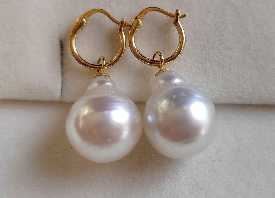 12.6mm Genuine south sea white pearls classic 18k gold earrings