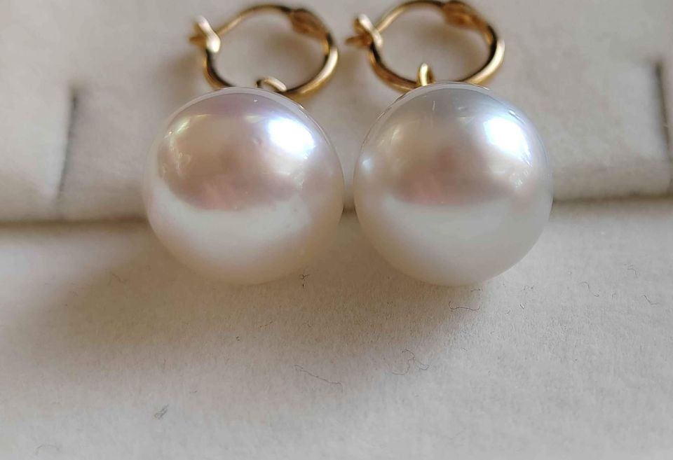 12.6mm Genuine south sea white pearls classic 18k gold earrings