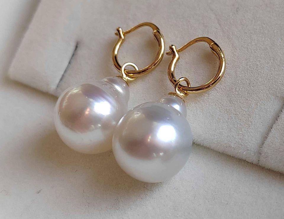 12.6mm Genuine south sea white pearls classic 18k gold earrings