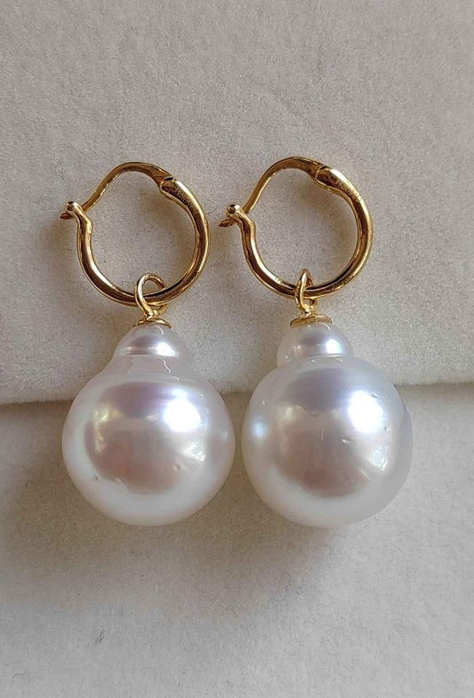 12.6mm Genuine south sea white pearls classic 18k gold earrings