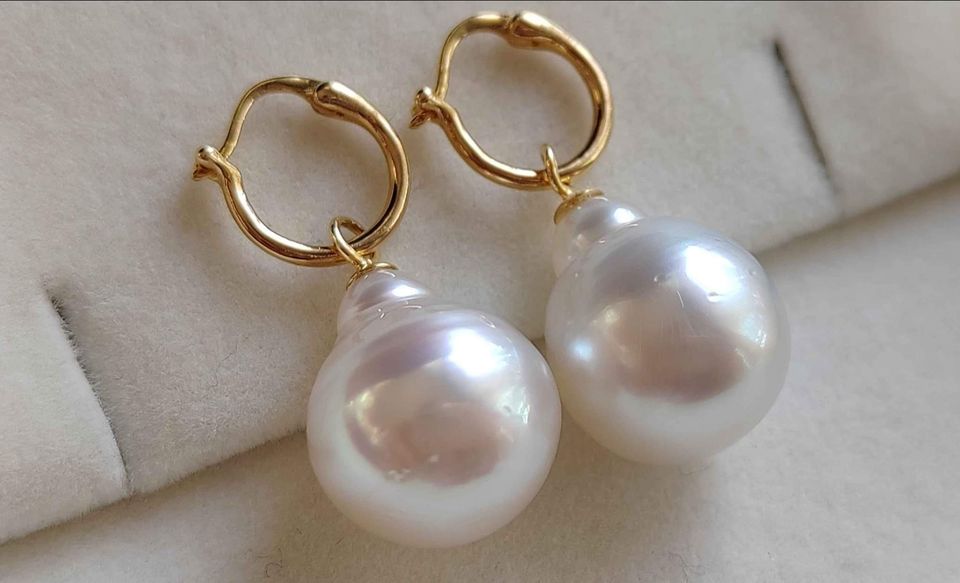 12.6mm Genuine south sea white pearls classic 18k gold earrings