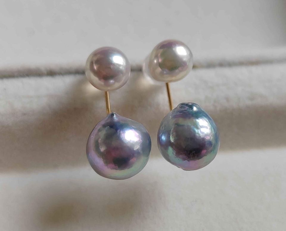 'Aurora' 18k gold two ways earrings genuine akoya pearls 6.2-8.4mm