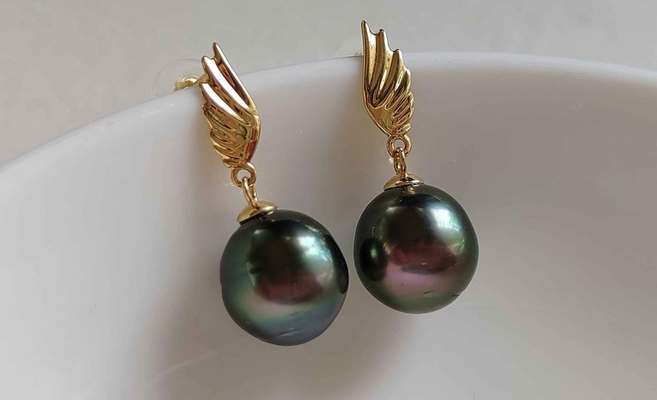 'Wings' 18k gold earrings genuine tahitian south sea pearls 9.2mm